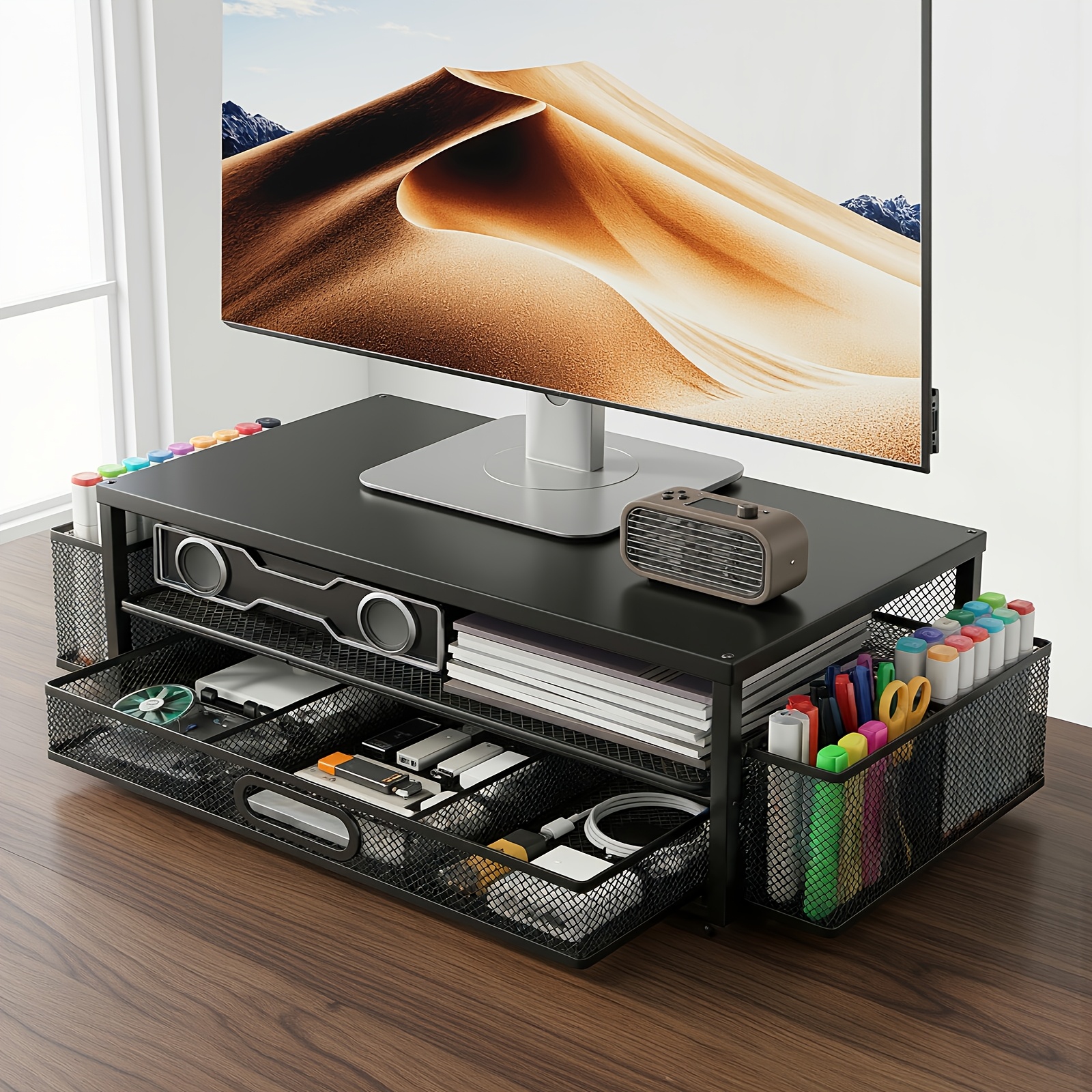 Image of Monitor Stand With Drawer And 2 Pen Holders, , Office Supplies, Desktop Storage Organizer, Detachable Storage Space, Stable And Durable Structure, Suitable For Office, Bedroom, Living Room
