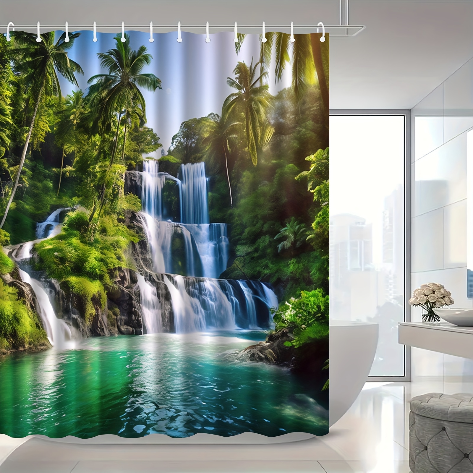 TEMU 2d Flat, 2d Flat, Jit1pc Tropical Waterfall Design Shower Curtain With Hooks, Machine Washable, Bathroom Partition, Bathroom Items, Home