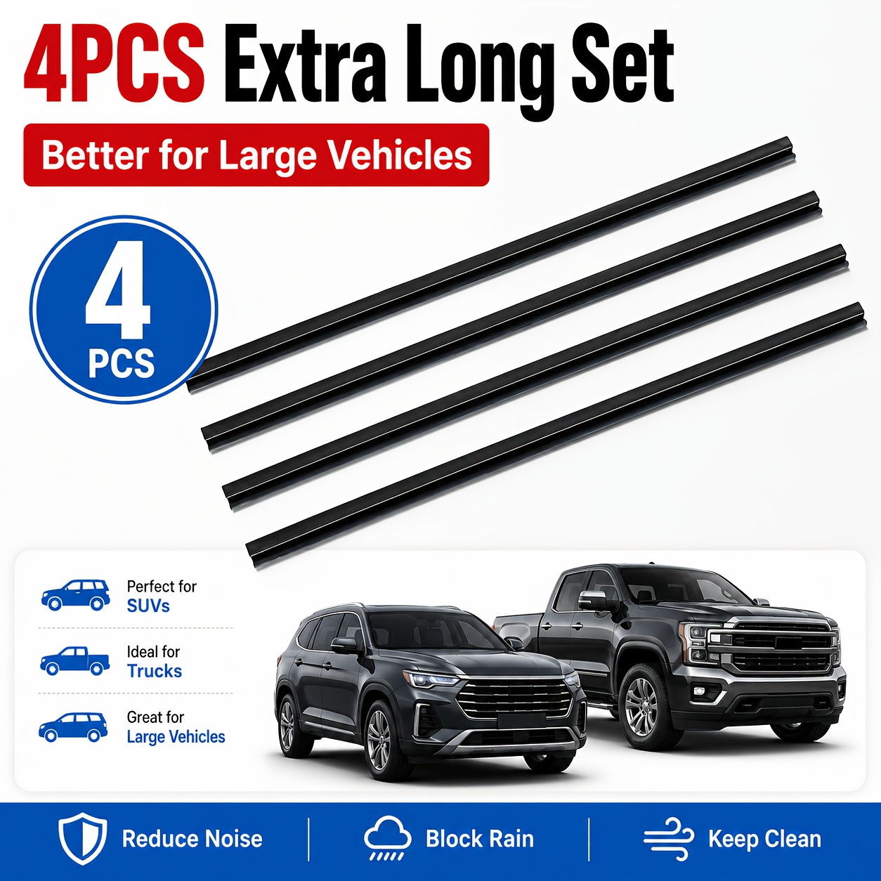 TEMU 4pcs 40cm Side Window Wiper Strips For Suvs Trucks, Extended Length Rain Cleaning Strips, Improve Side Mirror Visibility