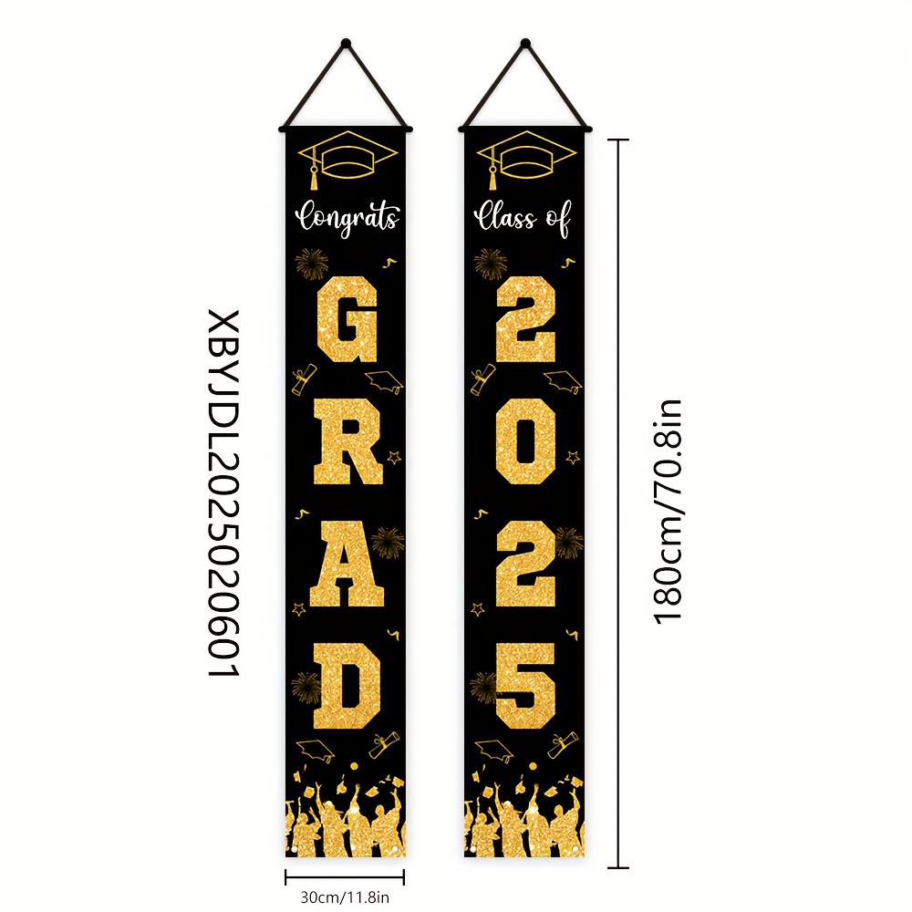 TEMU 1 Paire, 2025 Bannières de Porche de Remise de Diplôme, 180cm x 30cm, Noir & Or, Polyester Durable, Polyvalent, Pas Besoin d'Électricité,