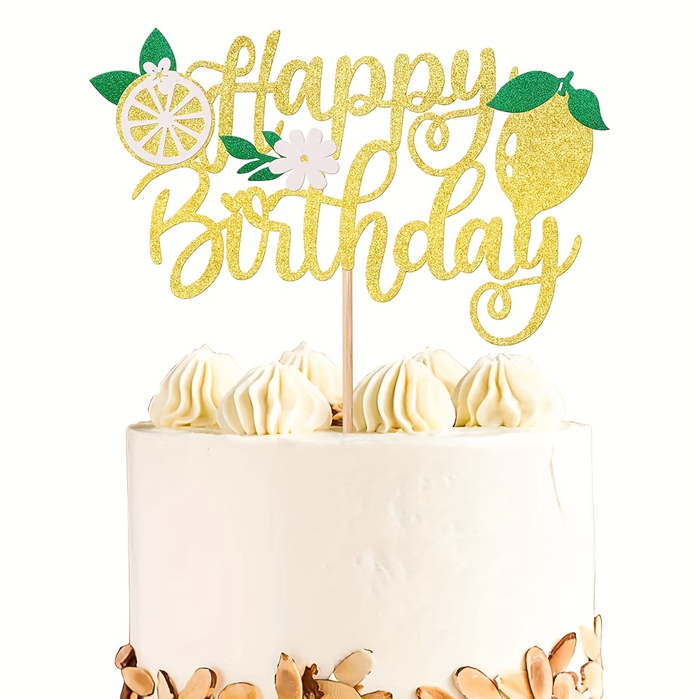 1pclemon Cake Topper Glitter Happy Birthday Cake Pick For Fruit Theme Birthday Party Summer Fruit Decorations Supplies For Halloween,christmas Event & Party Supplies