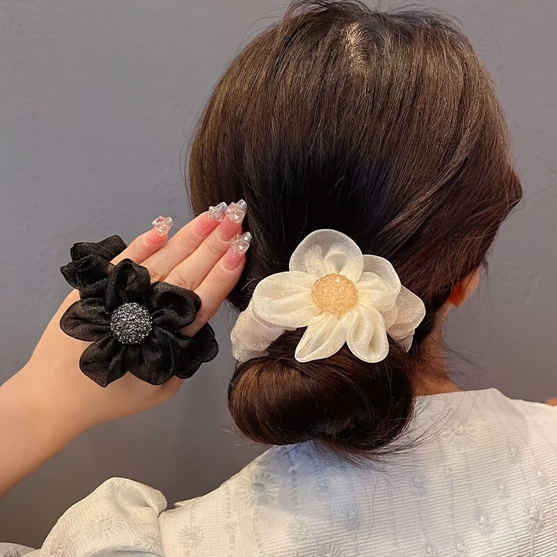 

Elegant Black & White Mesh Sunflower Hair Tie - Sparkling Ponytail Holder For Women And Girls, Single Piece