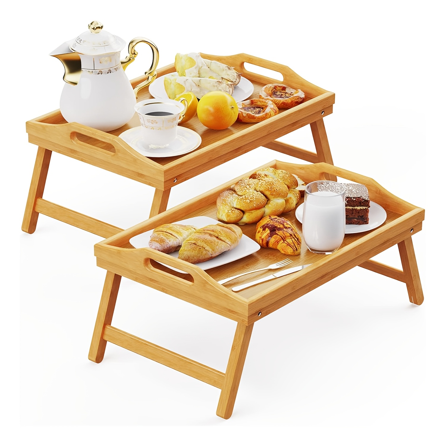 TEMU 2pcs 19.3 X 12 Inch Bamboo Breakfast In Bed Trays, With Folding Legs & Handles - Versatile Snack Tables For Eating, Sofa, Couch, And Working - Sturdy & Stable, Ideal For Holidays
