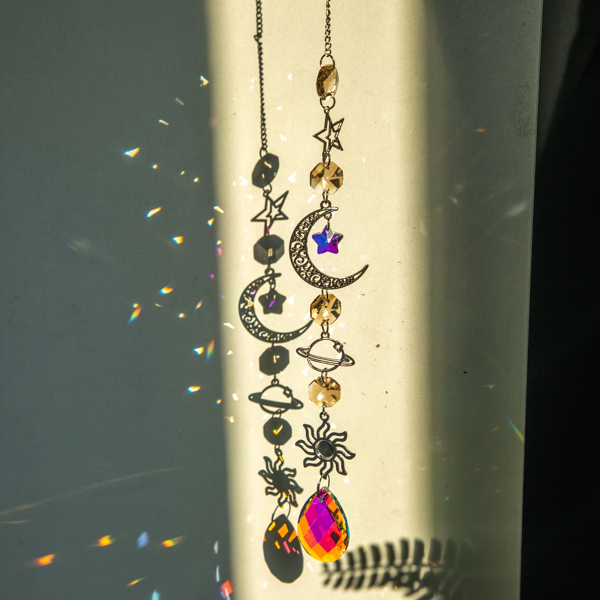 Image of Colorful Catcher With Moon & Planet - Glass Prism Pendant For Garden, Christmas Tree, Wedding, Patio, Backyard, Car, And Home Decor - Versatile Indoor/outdoor Hanging Ornament