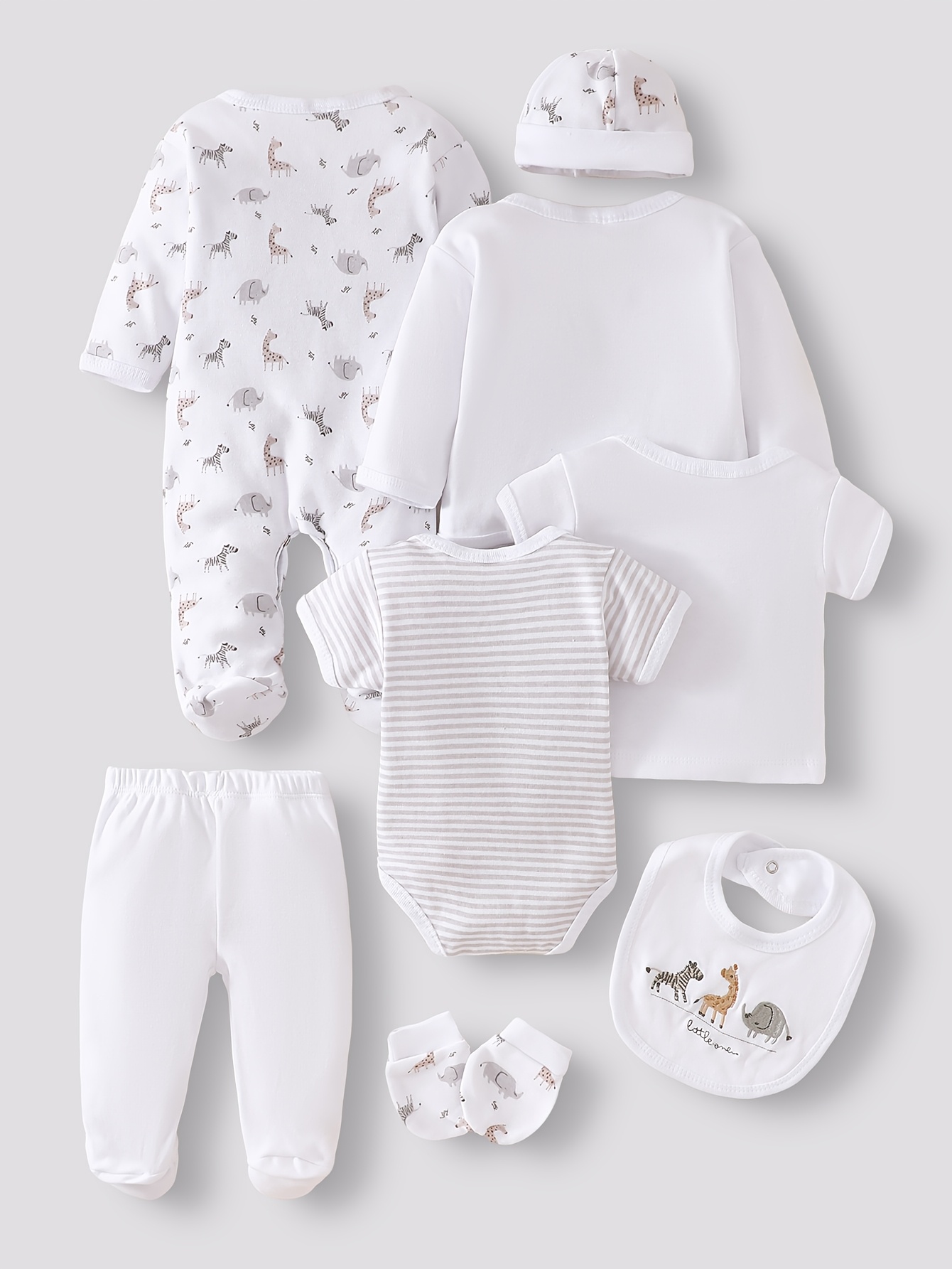 8pcs Newborn Onesie Set with Pure White Animal Pattern