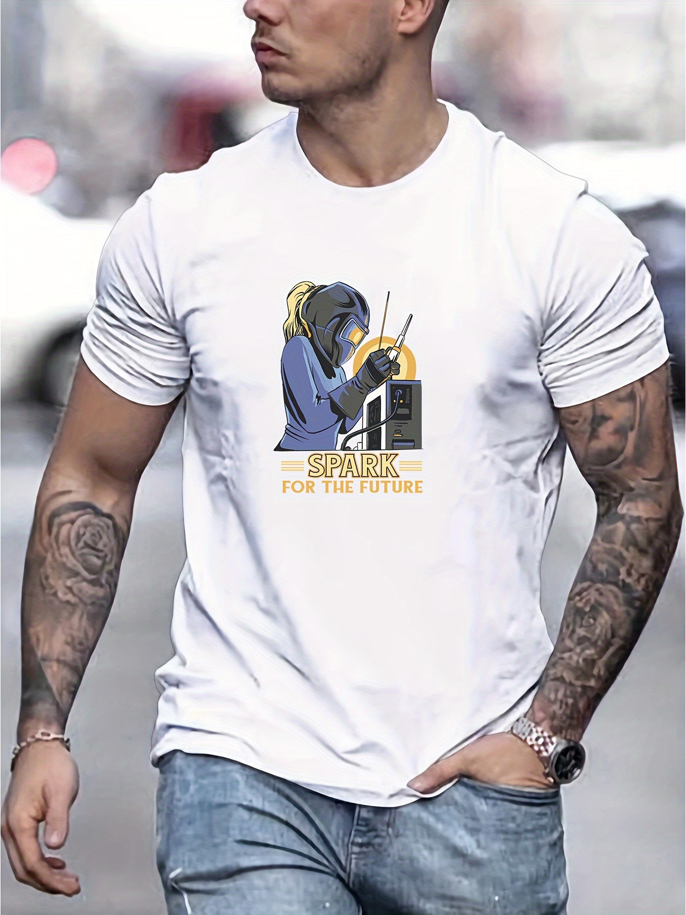 남성용 스파크 그래픽 티셔츠 테크 영감 캐주얼 반팔 라운드넥 여름 상의 스파크 플러그 번개 디자인 베이지색에 - Temu  Republic of Korea, image size:800x1067