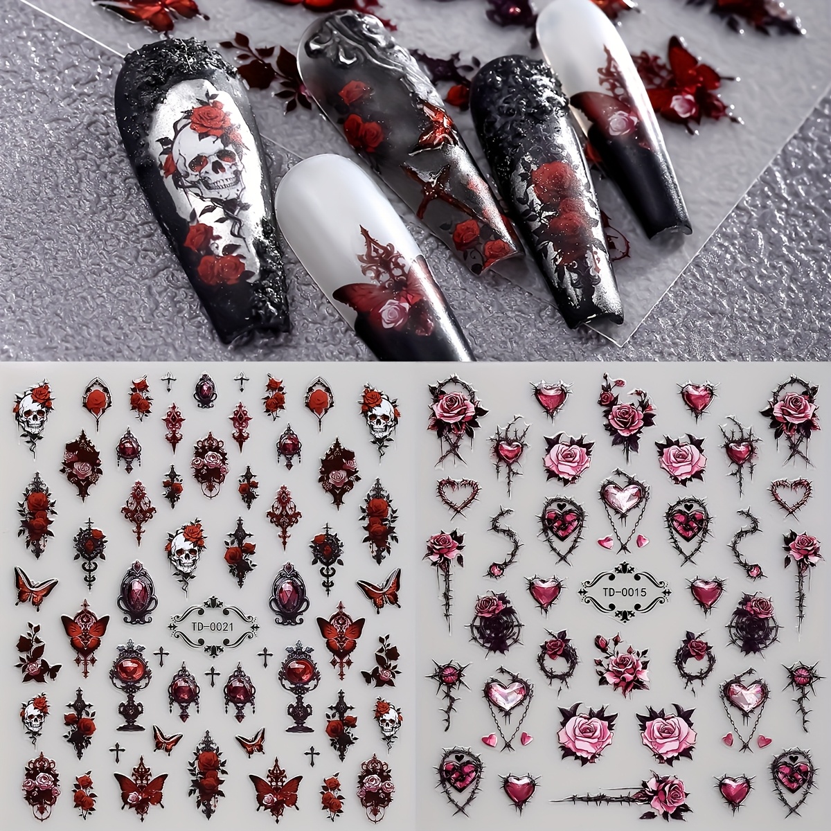 2pcs Gothic Style Nail Art Stickers, 5d Jelly Roses Butterflies Flowers Shiny Self-adhesive Nail Decals For Women Nail Art Supplies