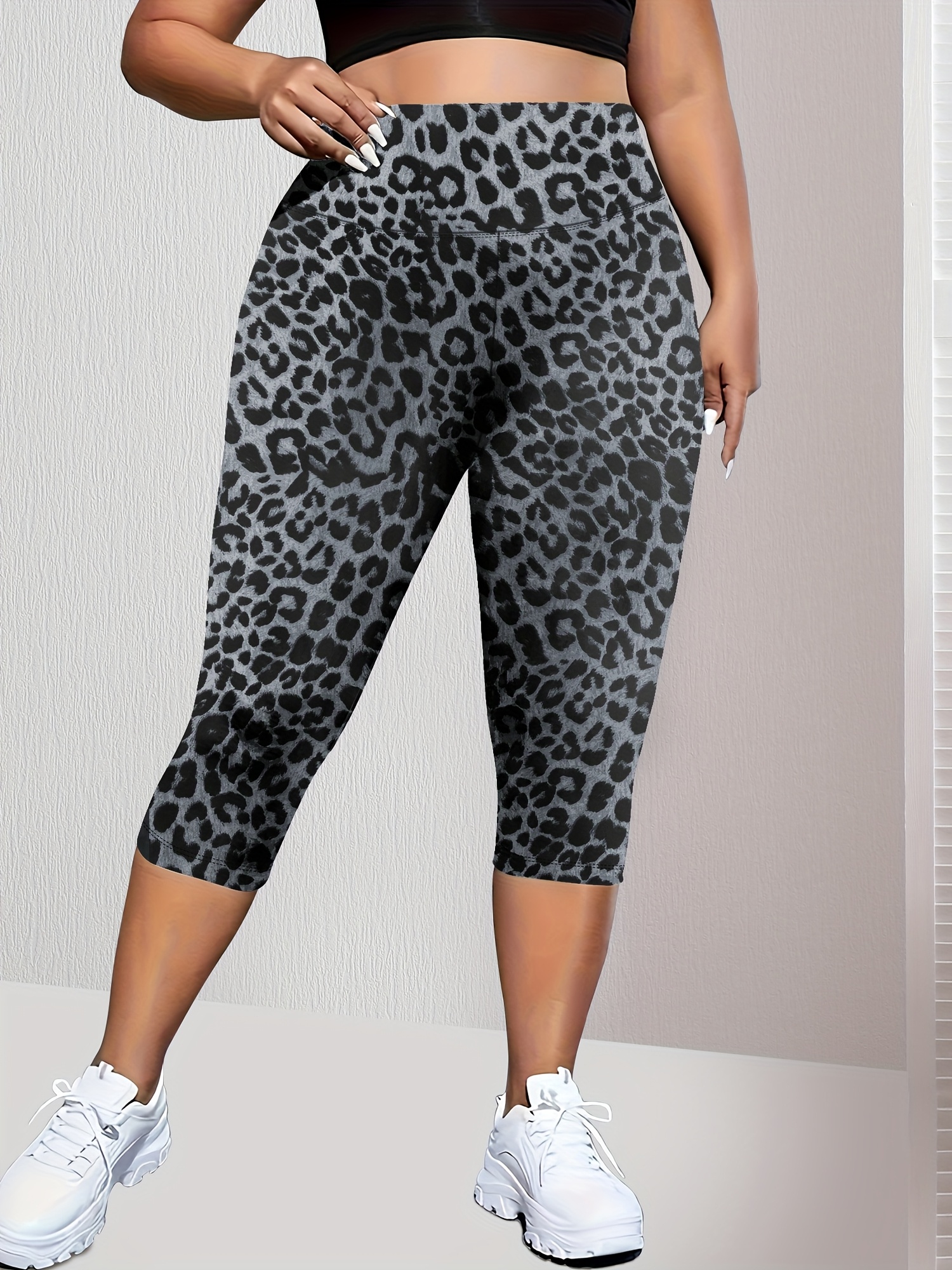 Plus Size High-Waisted Leopard Print Capri Pants with Side Pocket - Stretchy Casual Skinny Jeans for Spring/Summer/Fall, Casual Wear|Leopard Print Pants|Stretchy Fabric