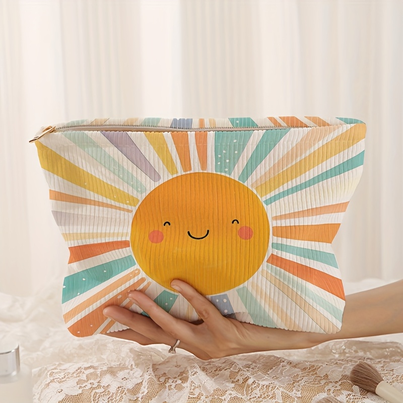 E-shop Kordelstoff-Kosmetiktasche mit gedrucktem Sonnenmuster und Lächeln - Leichte, reißversiegelte Kosmetiktasche, multifunktionale