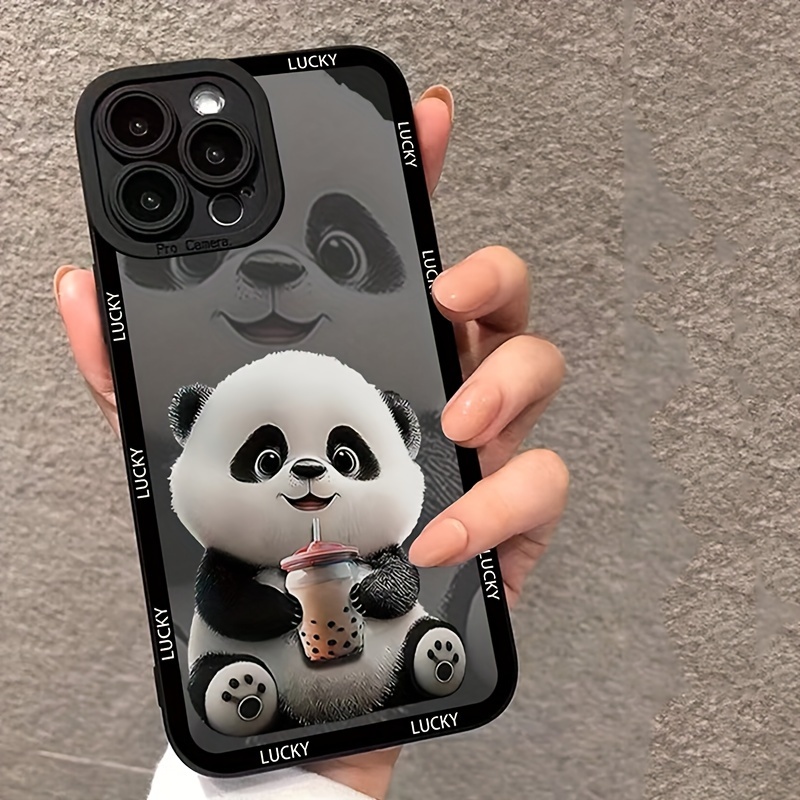 

Suitable For Black Eyelet Heavy Shadow Panda Holding Milk Tea Mobile Phone Case
