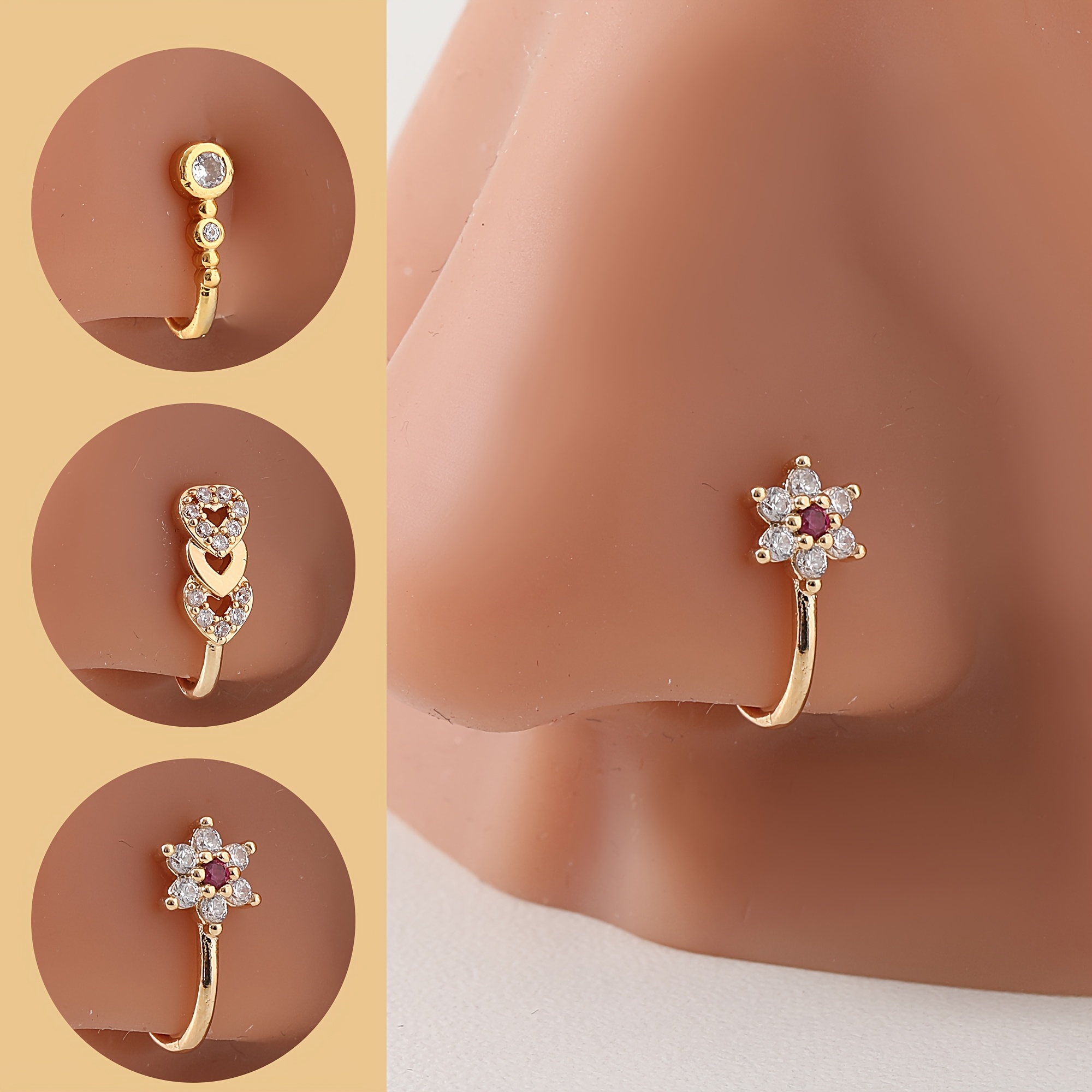 TEMU Juego de 3 piezas de pinzas de nariz bohemias para mujer - Joyería de nariz - Aros de nariz ajustables sin perforación con tachuelas y pinzas de
