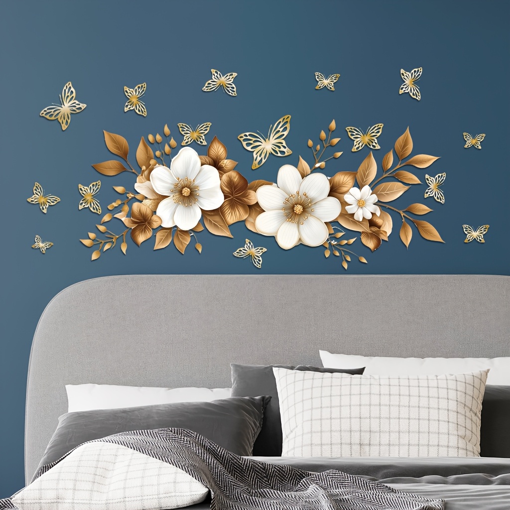 

1pc Golden & White Poppy Wall Decal - Removable Vinyl Sticker With Floral And Leaf Room, Bedroom, Or Study Decor, Decor