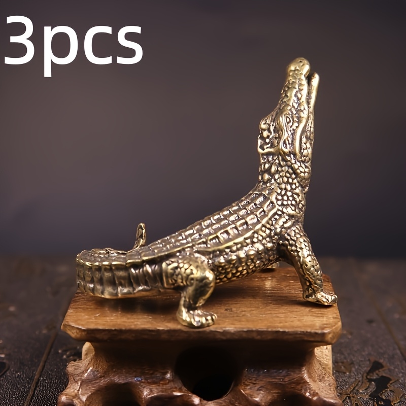 TEMU 3pcs Simulation Crocodile Ornaments - Brass Crocodile Models Replicas, Design With Detailed Teeth, Durable Decorations Keychain Pendants/desktop