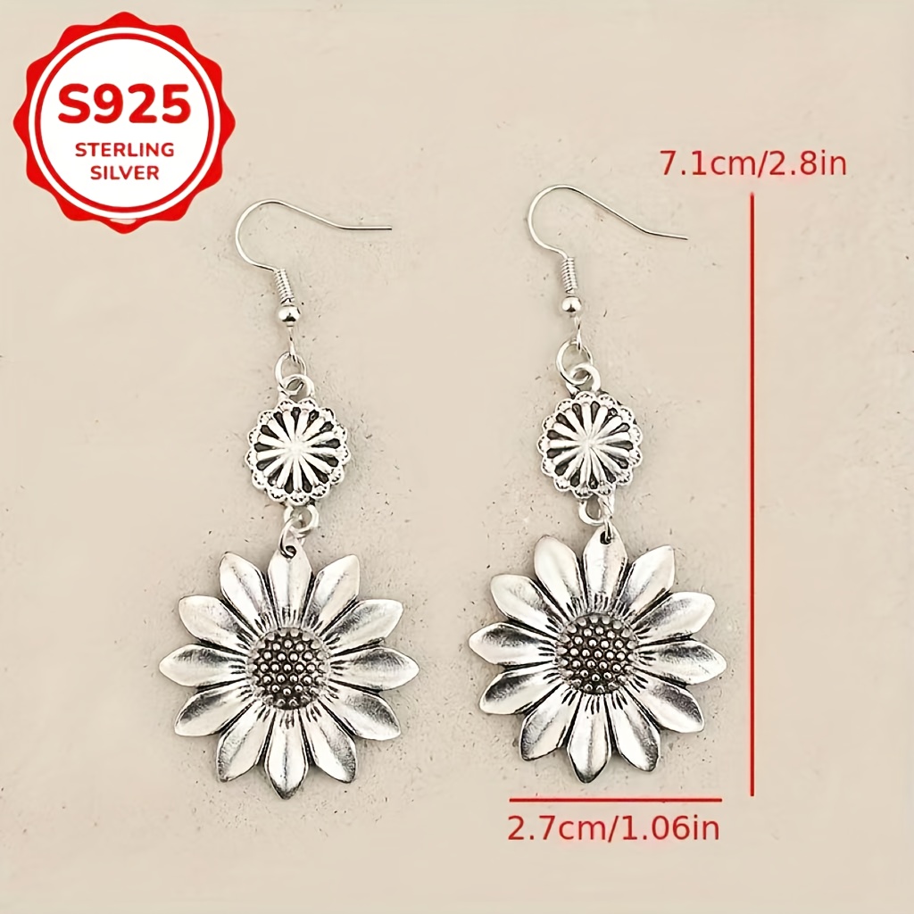 925 Silver Vintage Earrings with Sunflower Tassel Pendant