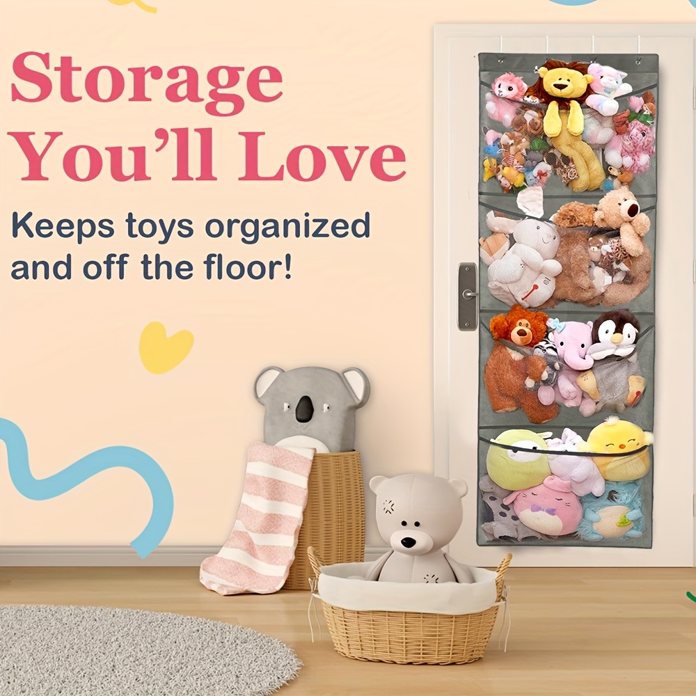 1 pack large mesh over door hanging storage with 4 large pockets hooks foldable door mounted shelf suitable for room playroom closet space saving door shelf for stuffed animals clothes Product details 0