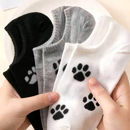 3 pairs womens black white gray contrast cute cat paw pattern boat socks fresh all match