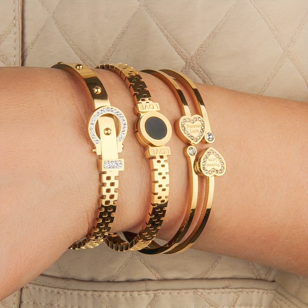Image of 3 Pieces Of Stainless Steel Women's Bracelets, Featuring Roman Pendants Inlaid With Sparkling Zirconia Stones, Stylish And Versatile, Wear And Gifting