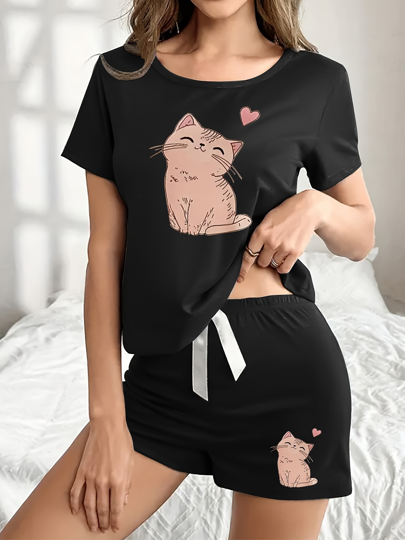 Lu's Chic Women's Cute Blue Cat Pajama Set - Cotton Blend Short Sleeve Tee & Shorts (Large, 2-Piece Sleepwear)