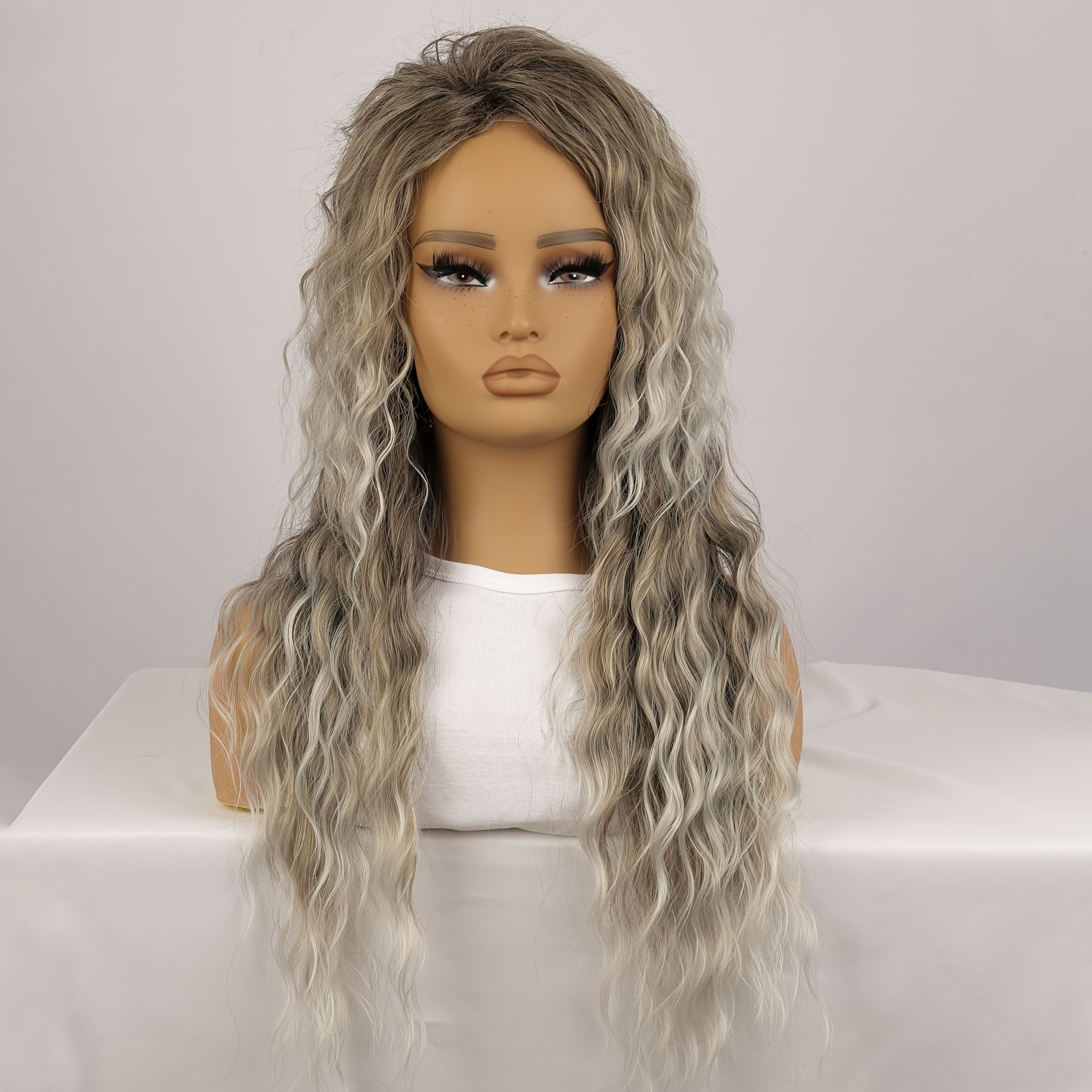 Ombre Ash Blonde Brown Curly Wig Long Wavy Middle Part Looking Dark Synthetic Wigs For Women 80s Halloween Carnival Party Wig Costume Party Or Daily Use 26"-30" Inches
