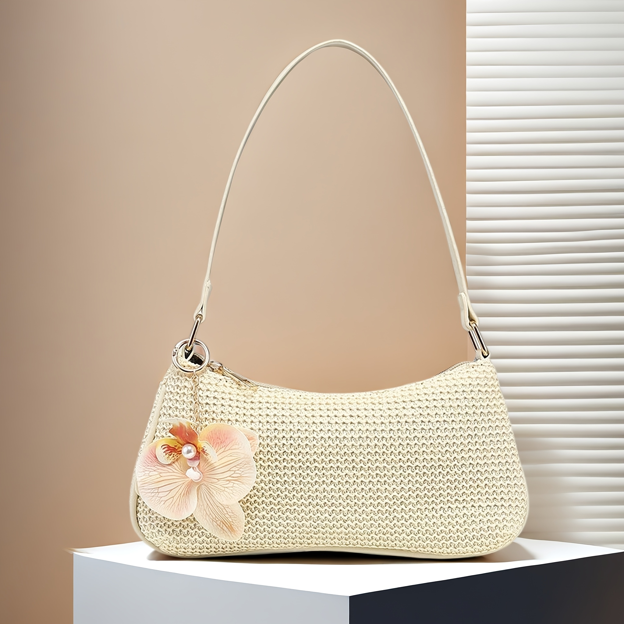 Image of Light Luxury Women's Shoulder Bag, Woven Fabric Small Underarm Bag, Floral Decorated Handbag, Suitable For Daily Commuting, Campus, Beach Vacation, A Of Gifts