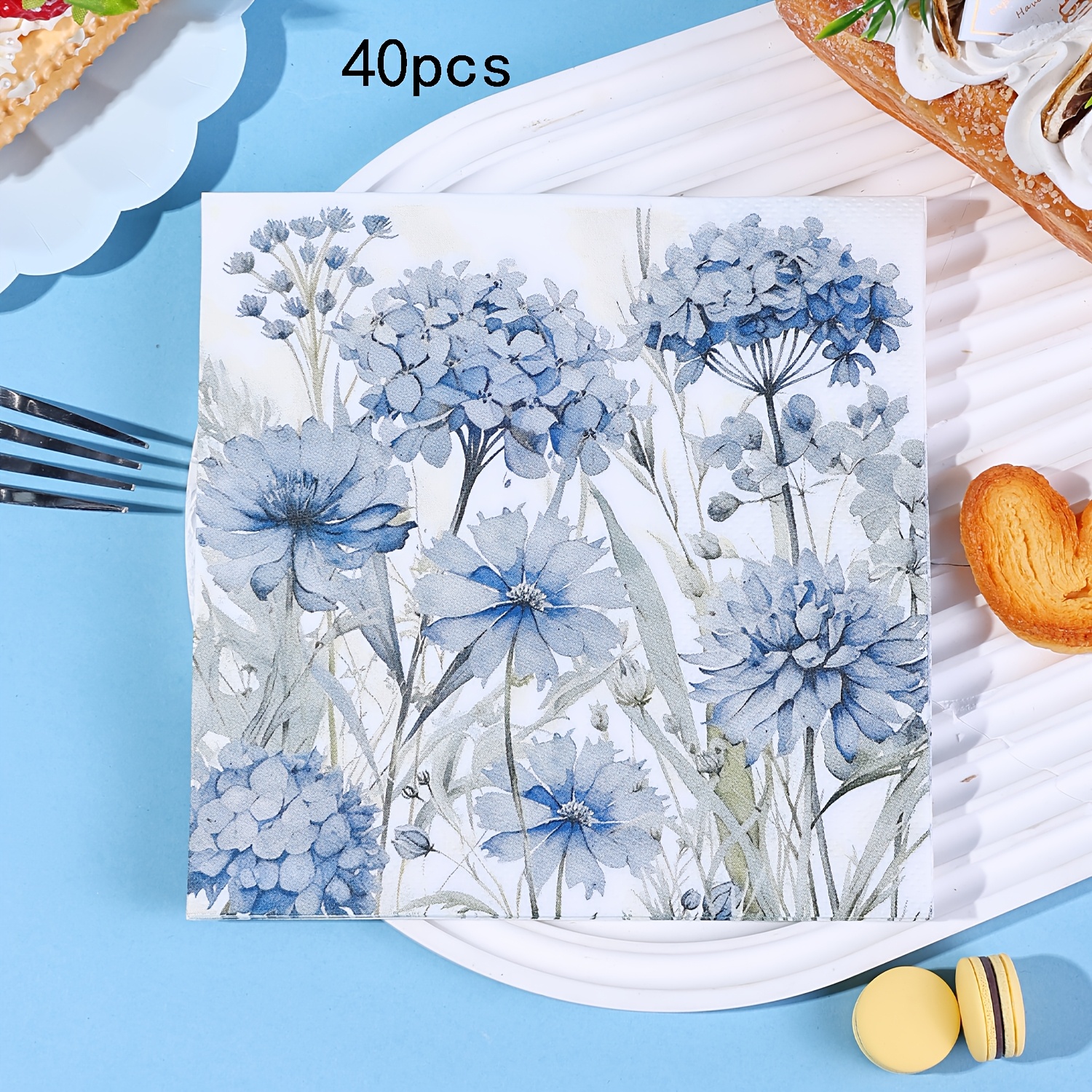 E-shop 20 Stück/40 Stück/60 Stück, Papier-Servietten mit blauem Hortensienmuster | 2-lagige 6,5 Zoll quadratische weiße Einweg-Papierhandtücher mit