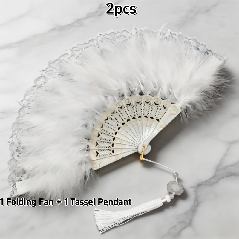 TEMU Ensemble de 2 éventails pliants en dentelle à plumes, inclut 1 pendentif à pompon, éventail pliant à main élégant et vintage, accessoire photo