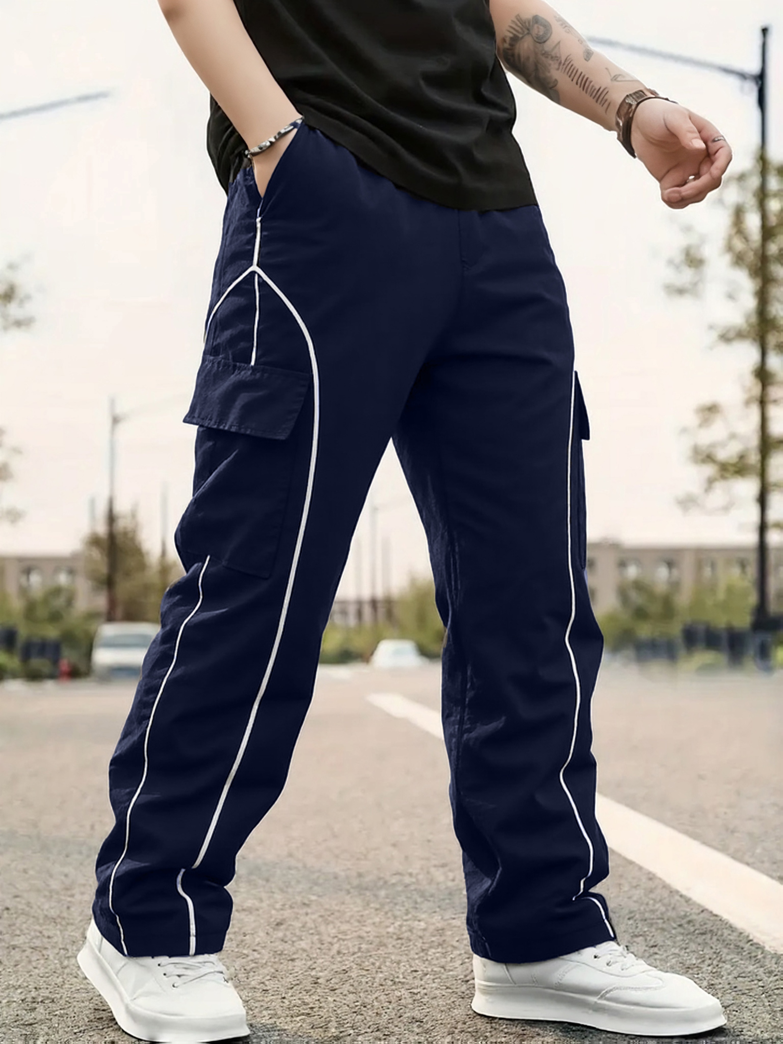 pantalones de chándal informales para hombre con bloques de color, cintura con cordón y bolsillos   - pantalones de ocio para exteriores de     en   y para   y otoño, pantalones de tela  