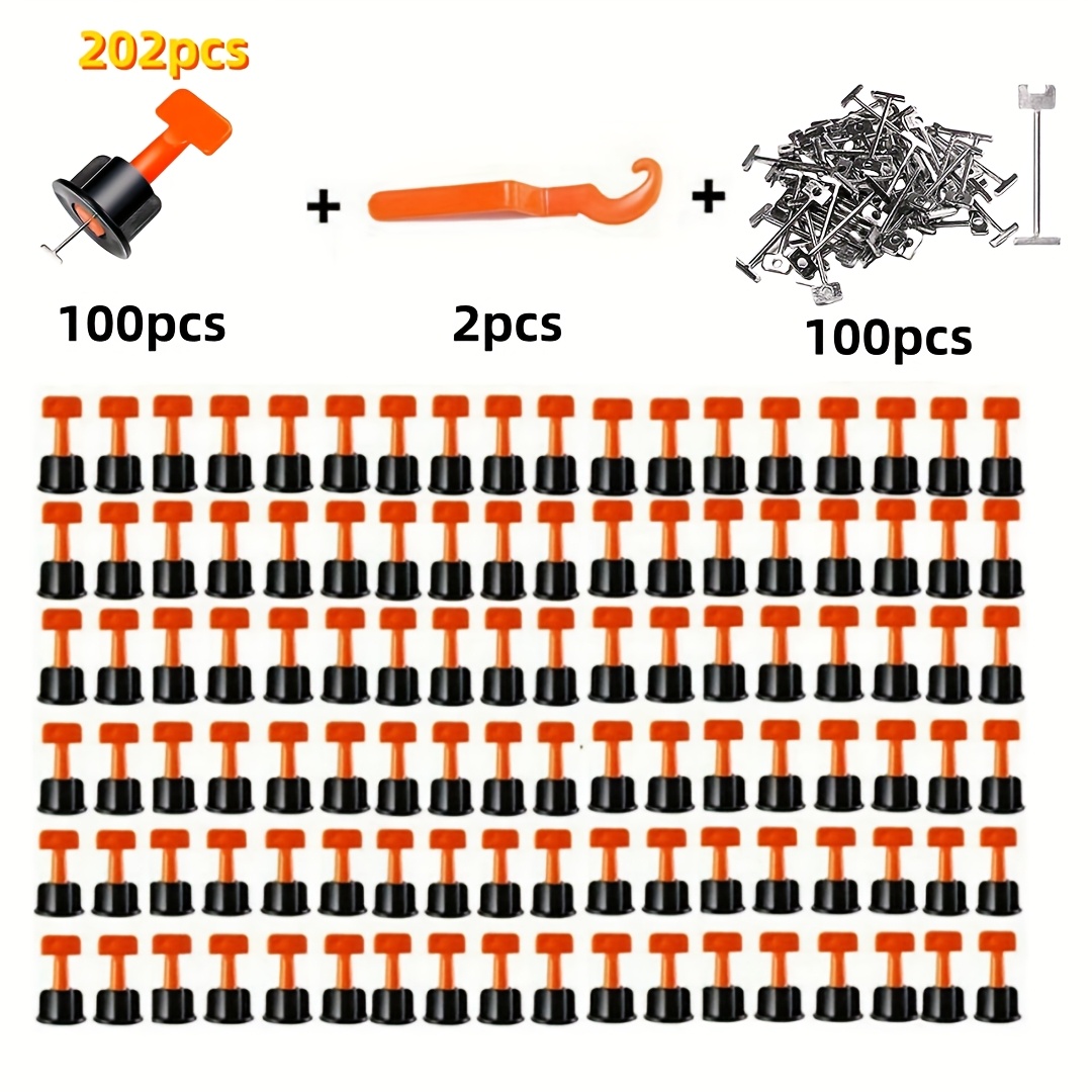 E-shop 101/202-teiliges Fliesen-Nivelliersystem-Set, 100 Stück 1/16‘' Fliesen-Nivellierer, 100 Stahlkeile und 2 Schraubenschlüssel, Wiederverwendbares