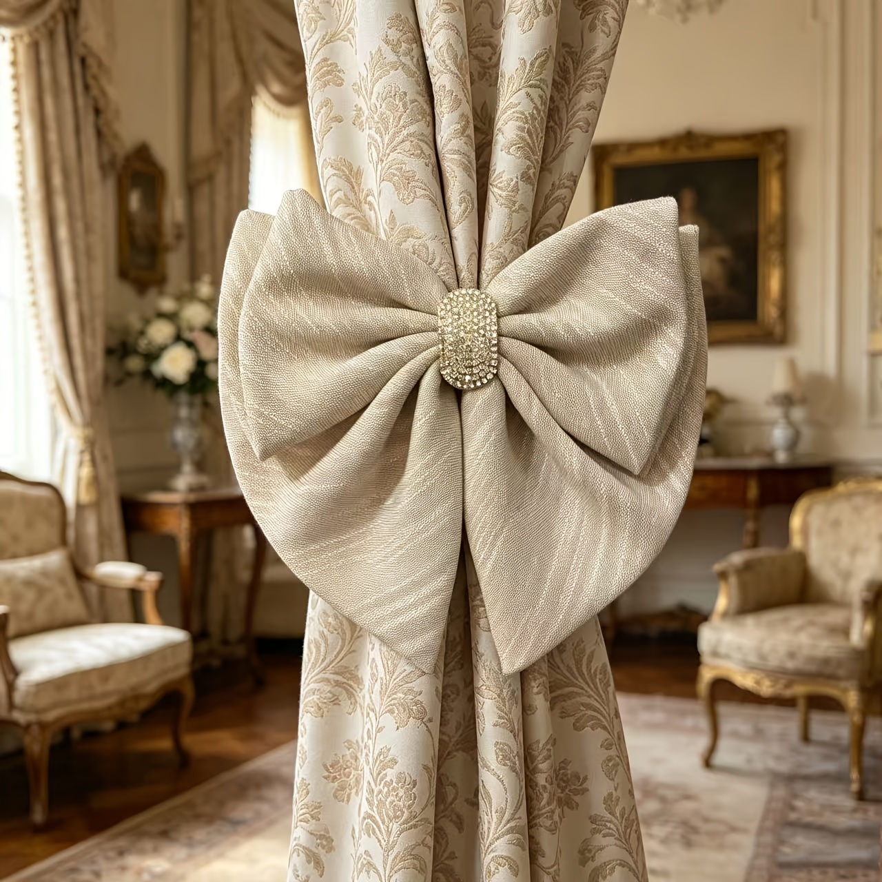 TEMU Ribbons de Nouage à Nœud Papillon Strass Scintillants de Luxe - Élégants Attaches en Tissu pour Rideaux de Fenêtre de Salon et Chambre, Stores,