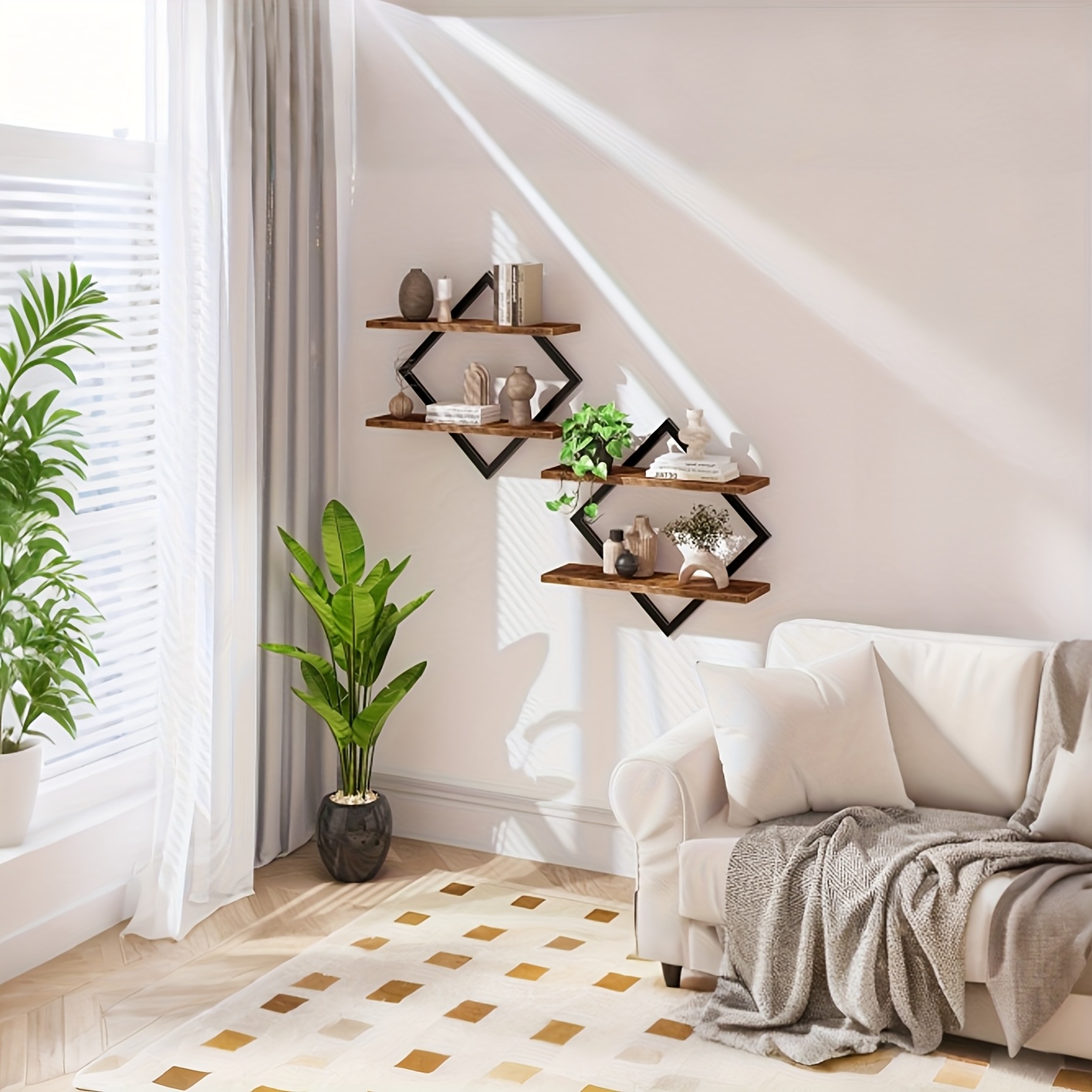 Image of 2pcs Wall Mounted Wooden Shelves, Retro Country Style Double Layer Wall Storage Rack, Living Room Background Wall Vase Decoration Shelf For Home Items