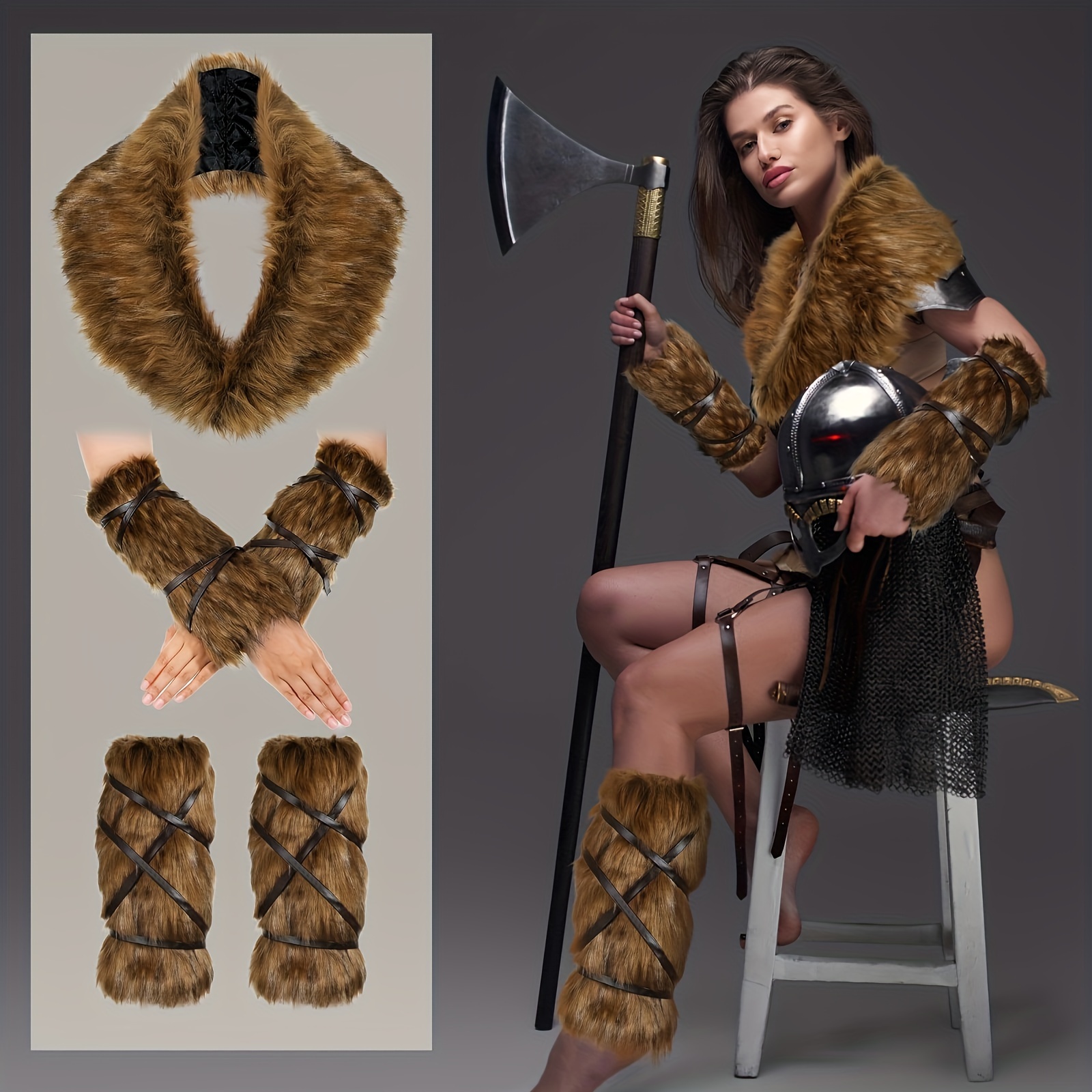 

5pcs Carnival Deluxe Fur Accessories Set - Collar, Leg & Hand Warmers, Halloween Costume,