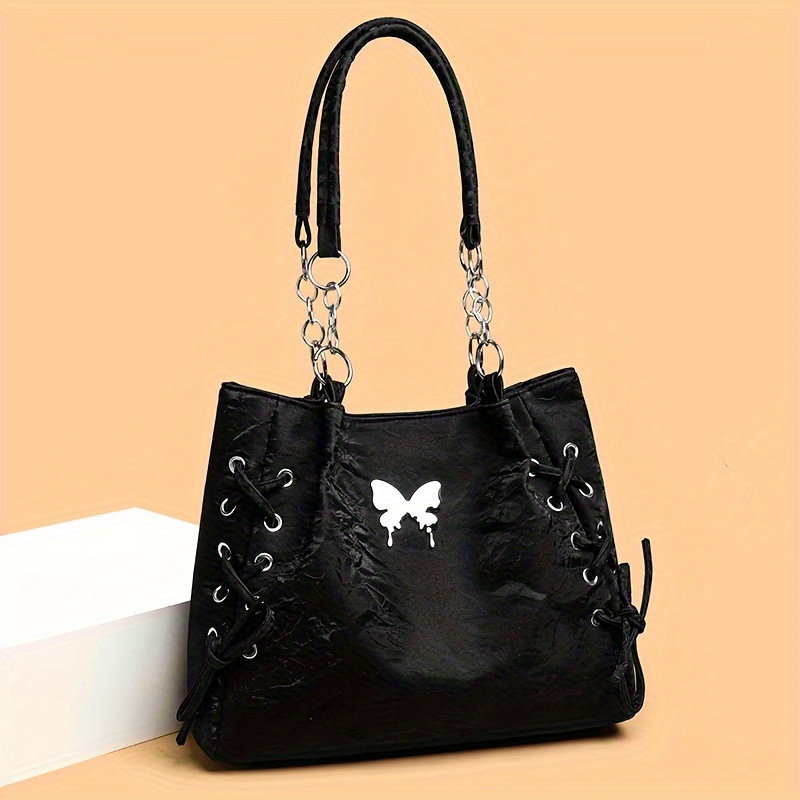 

Women's Fashion Tote Bag With Butterfly Decor, Elegant Black Shoulder Handbag, Casual Commuter Style
