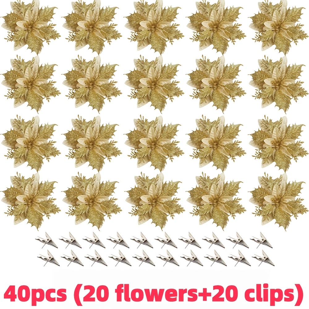 TEMU 40pcs (20 Flowers + 20 Clips) Golden Simulation Christmas Flowers With Clips - Realistic Layered Decorations, Suitable For Christmas Trees,