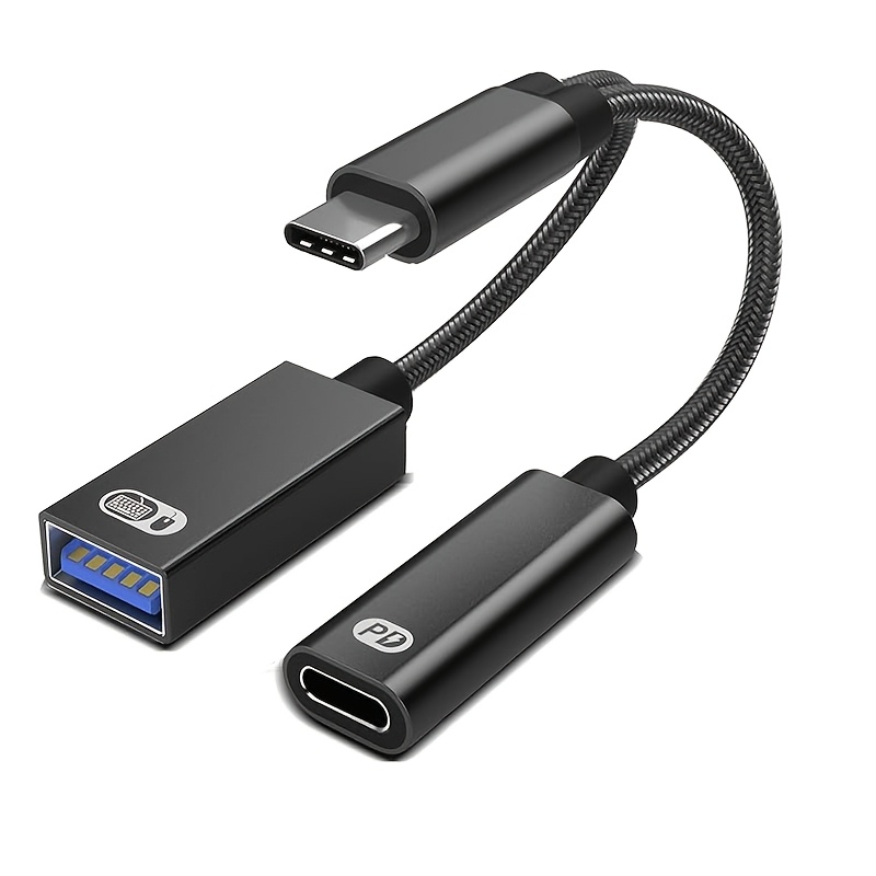 TEMU Adaptador divisor OTG Tipo-C PD 10W, Tipo-C a USB-A hembra + Puerto de carga PD Tipo-C hembra, Transferencia de y suministro de energía