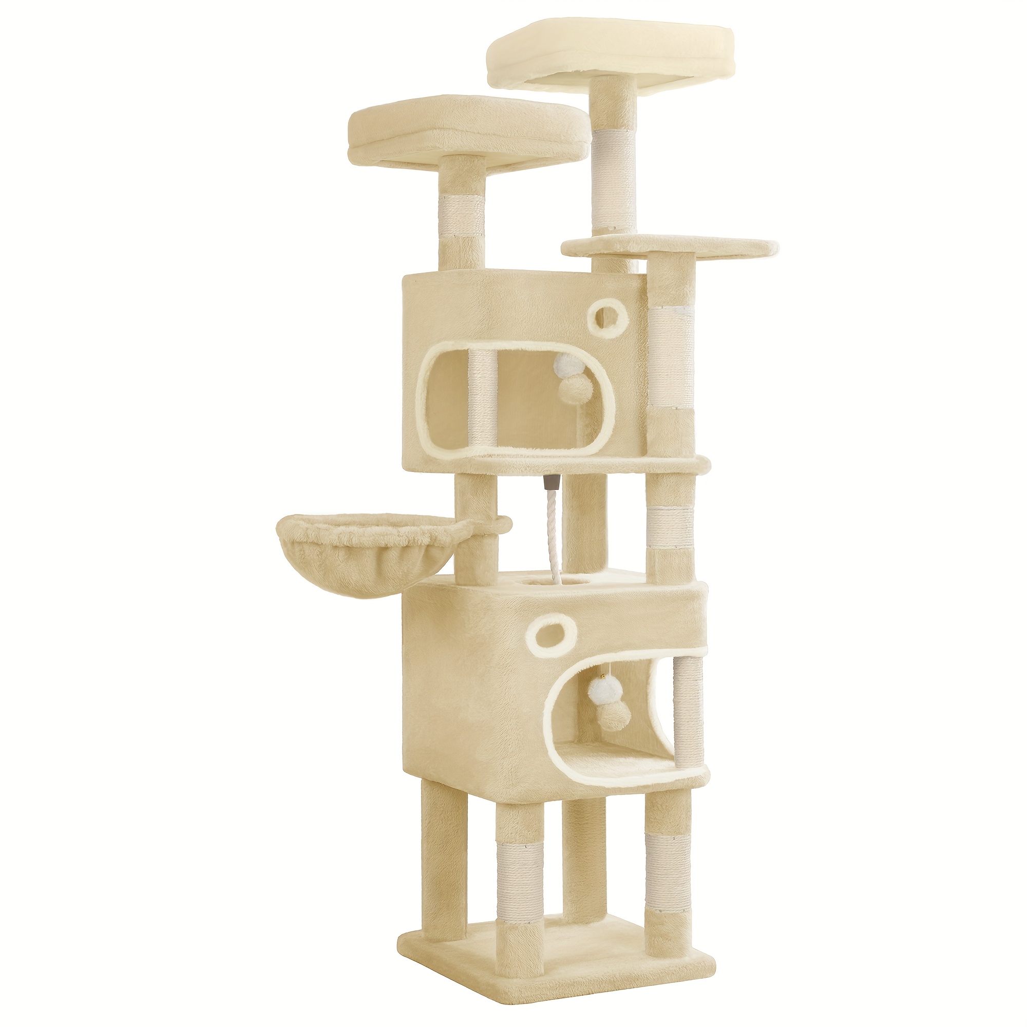 E-shop Beige Katzenbaum, 159 cm hoch mit 8 Kratzstämmen, 3 Ebenen, 2 Verstecken, einem Korb, Plüschbällen und Sisalseil, ideal für Katzen in