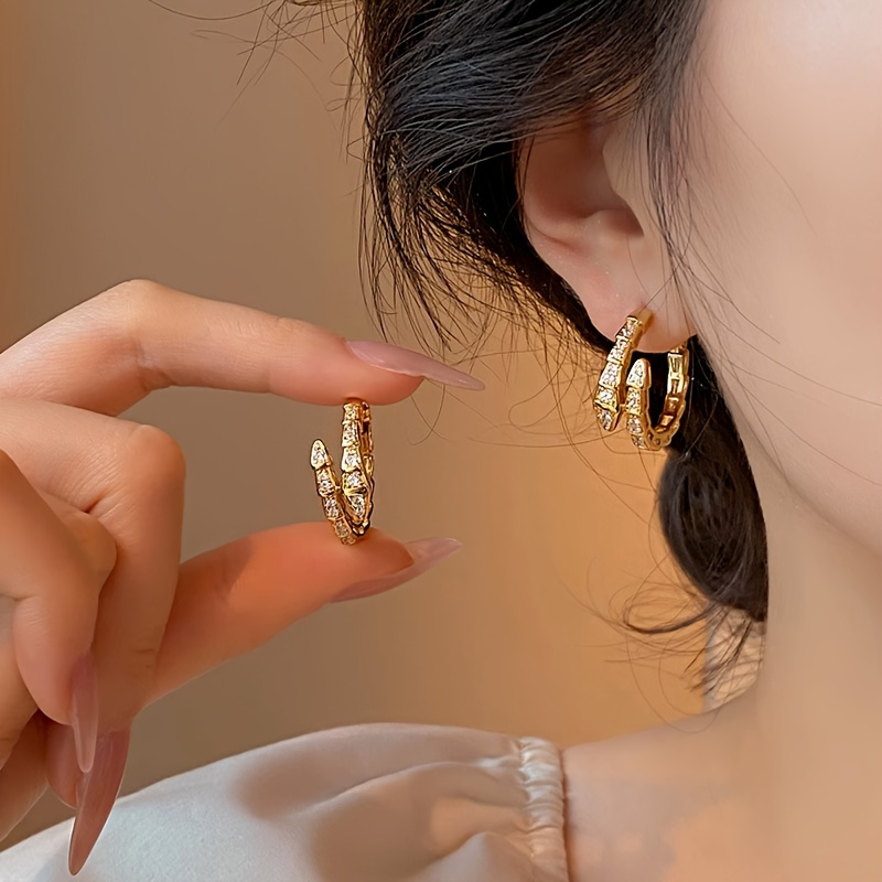 Elegant Copper Snake-Shaped Hoop Earrings with Synthetic zirconia for Women - Daily Wear Stylish Gold-Plated Hoops for Music Festival and Casual Occasions details 1