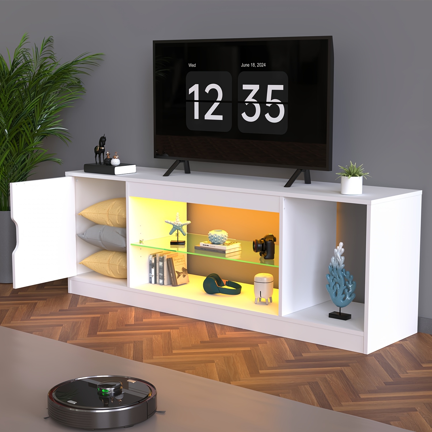 Image of 148cm Tv Stand Cabinet With Rgb Led Lights 16 For Tvs Up To 65 Inch Adjustable Glass Shelves, Entertainment Center For Living Room, Bedroom White
