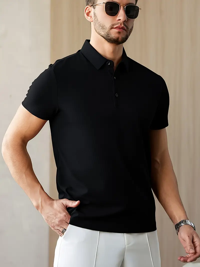 mens summer shirt solid color casual short sleeve with button collar lightweight polyester for sports outdoor leisure activities casual summer wear knitted weave details 5