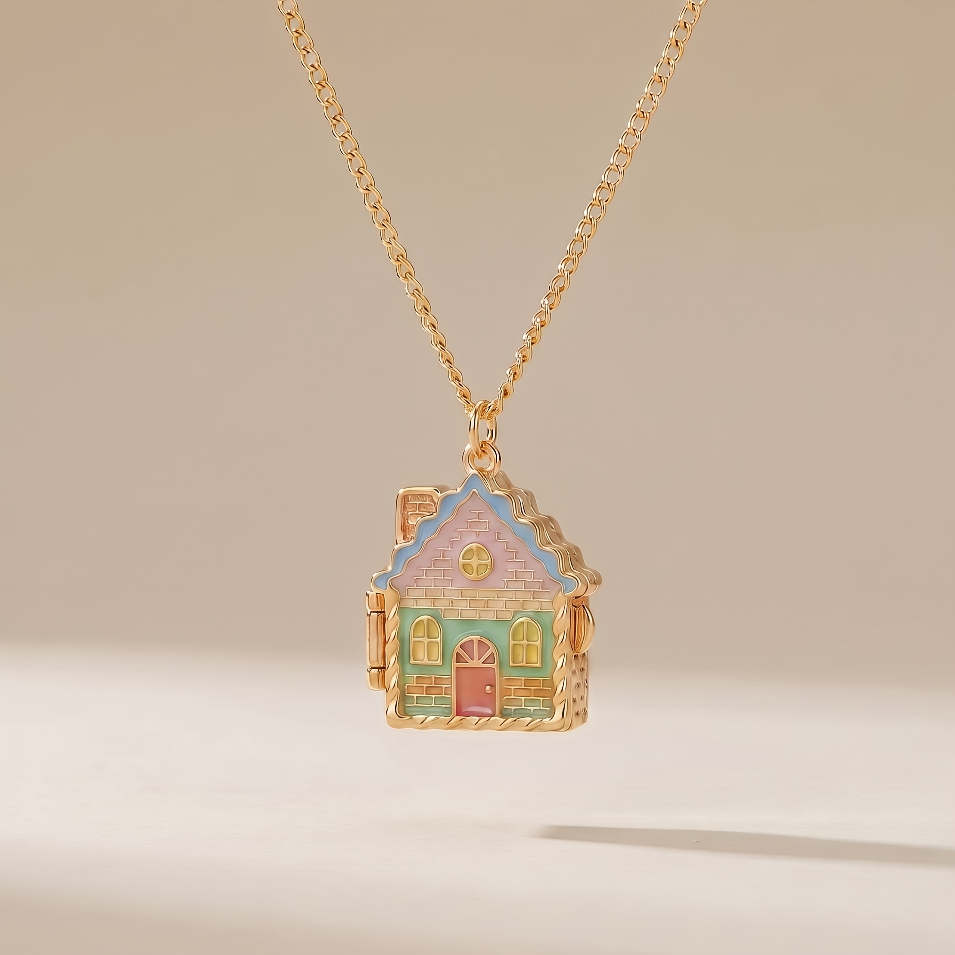 TEMU Fairy Tale Gingerbread House Series Openable Pendant Necklace, Enamel Craft With Blue, Yellow, Pink, Green Colorful Top, Elegant Daily Commute