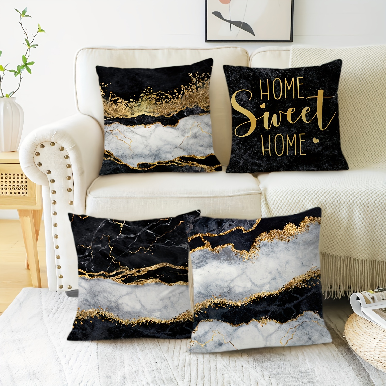 

4pc Marble Black & Golden Abstract Pattern Throw Pillow Covers - Suitable For Sofa, Bed, Car, And Home Decor - No Insert Included - Polyester Material - No Power Required