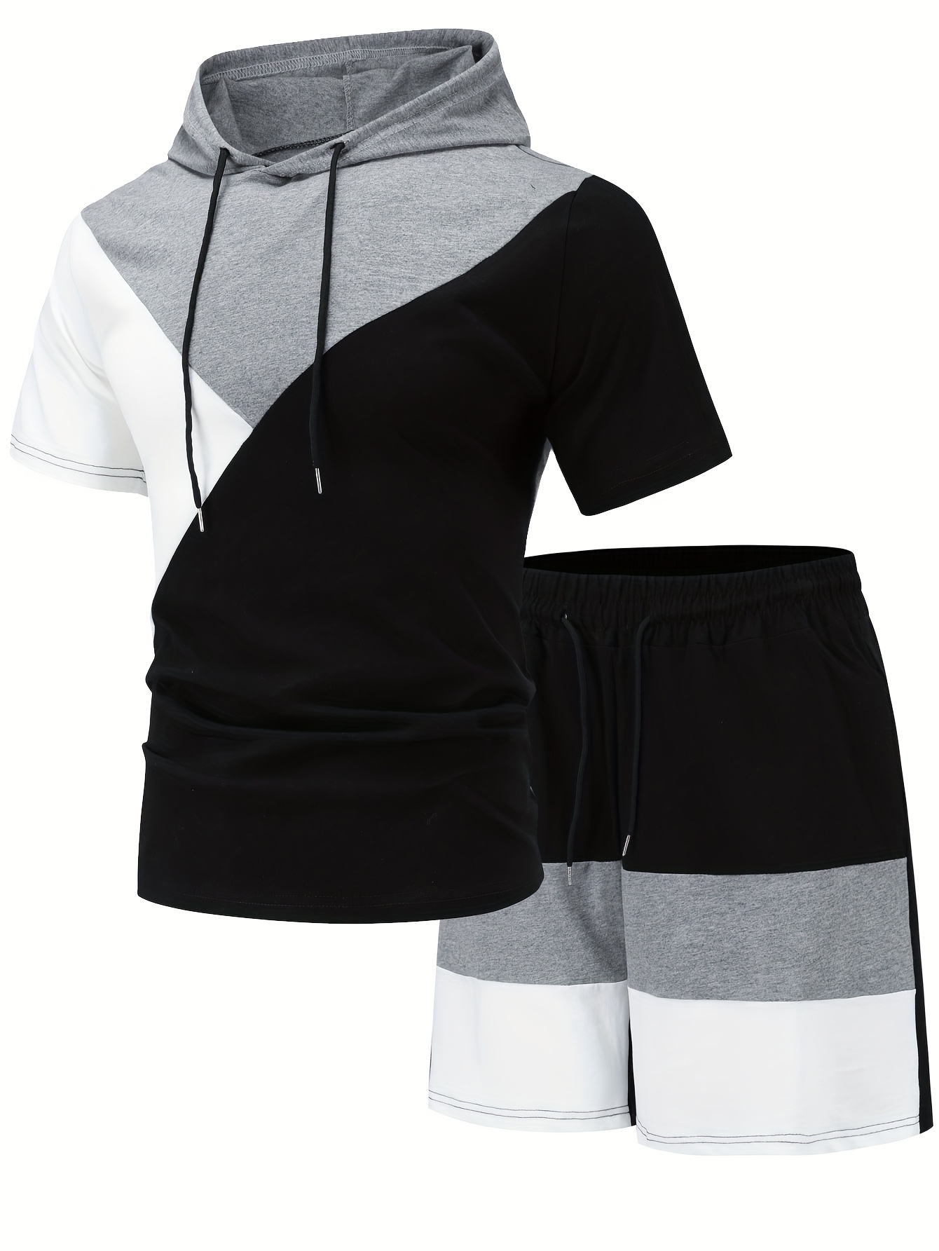 Men's Spring/Summer Casual Sports Hooded Short Sleeve T-shirt + Shorts Set Three-Color Contrast Design Outdoor Sportswear