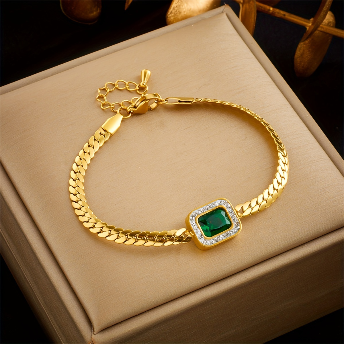 

Elegant Vintage-inspired Gold-tone Stainless Steel Bracelet With Square Green Rhinestone Inlay - Versatile Daily & Gift Wear Jewelry