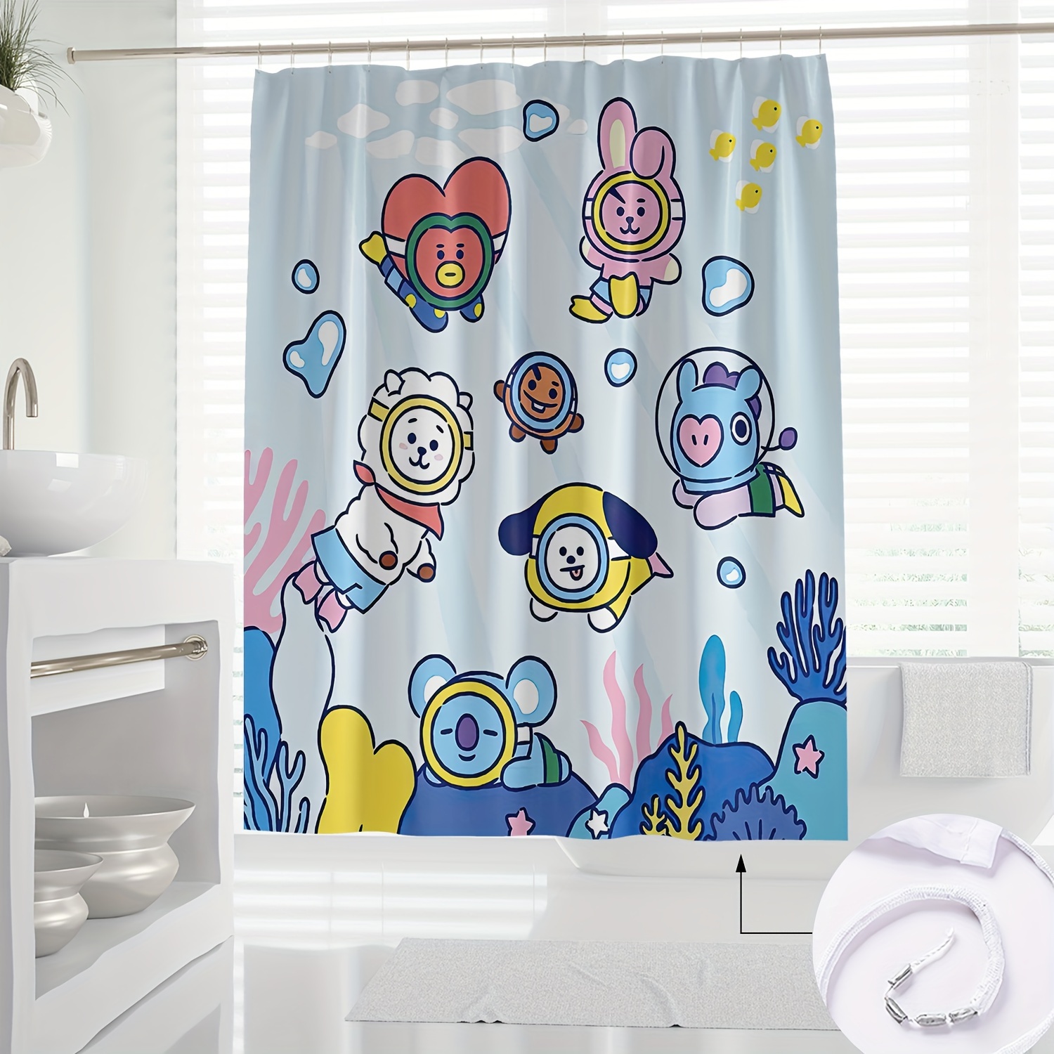 

Bts K-pop Fan Shower Curtain - Waterproof Polyester With Hooks, Cute Cartoon Design For Bathroom Decor, Machine Washable