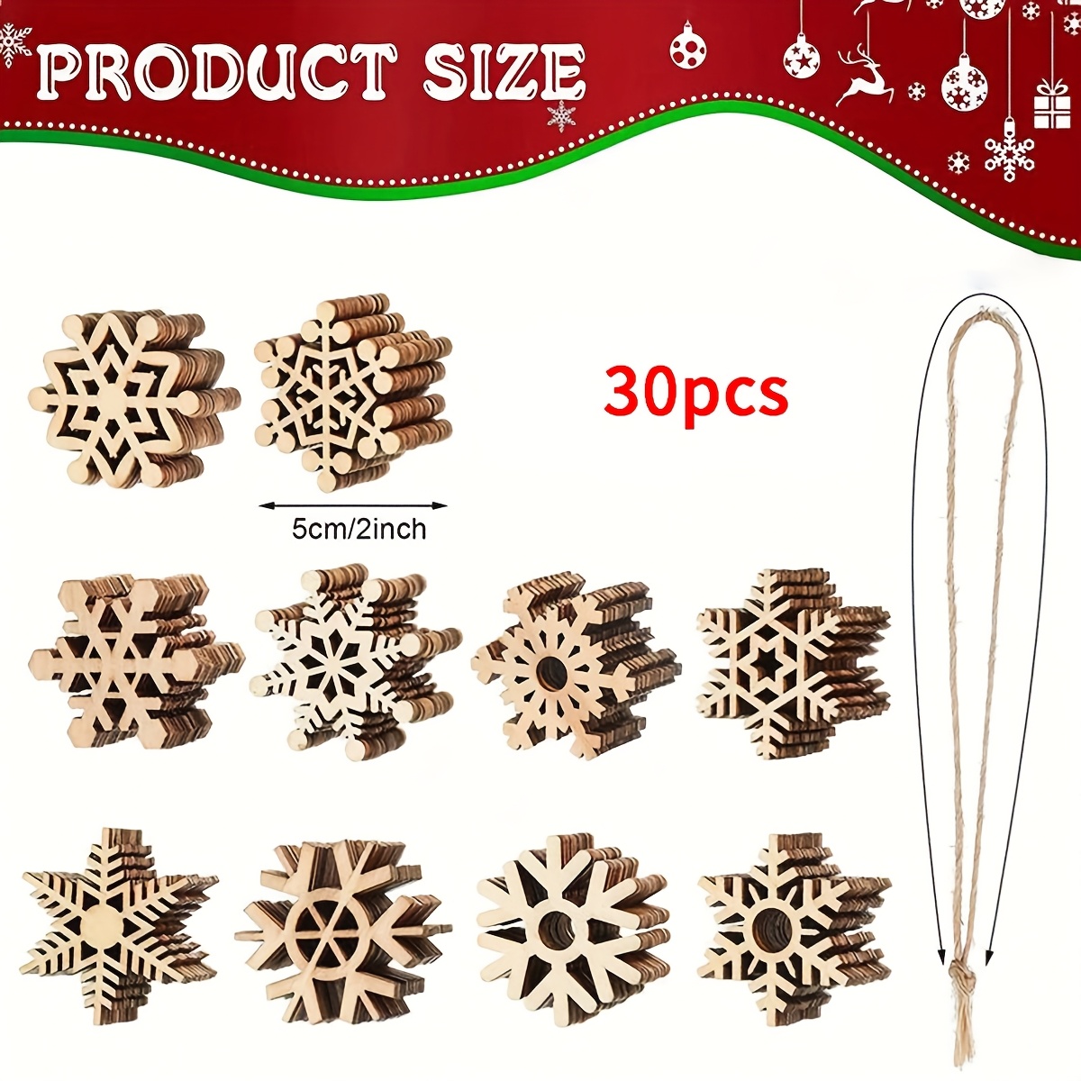 Image of Unfinished Wooden Snowflake Ornaments In Styles, 30pcs With Diy Craft Christmas Tree Decorations, Suitable For Window Displays And Wall Hangings, Holiday Gift Boxes And Winter Christmas Decor