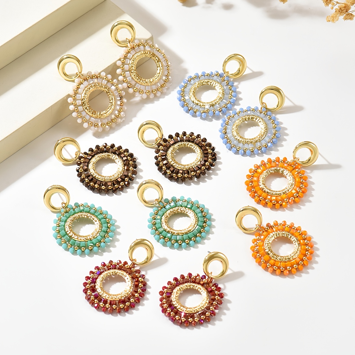 Bohemian Ethnic Hand-woven Beaded Round Pendant Earrings