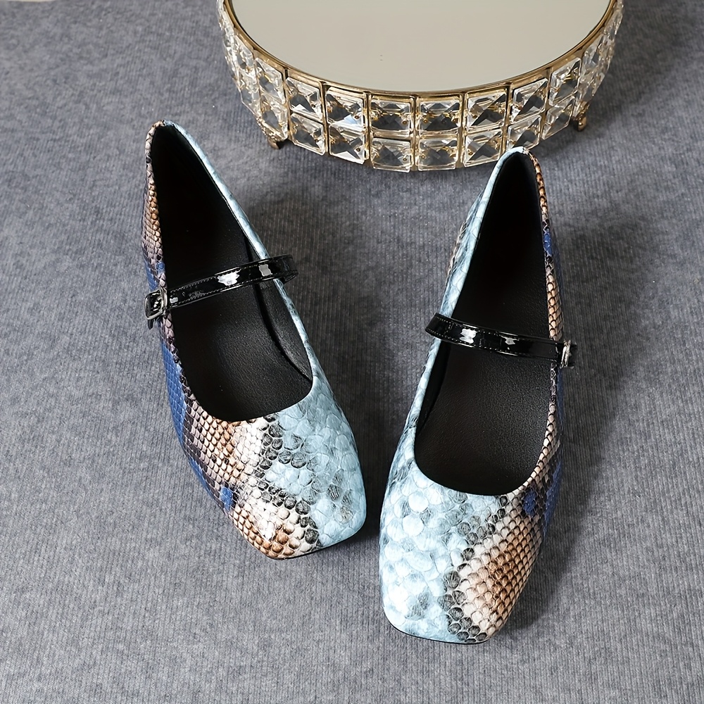 Women's Fashion Snakeskin Pattern Chunky Heel Pumps Stylish Square Toe,  Lightweight Comfortable for Wear, Blue Snakeskin Design with Black