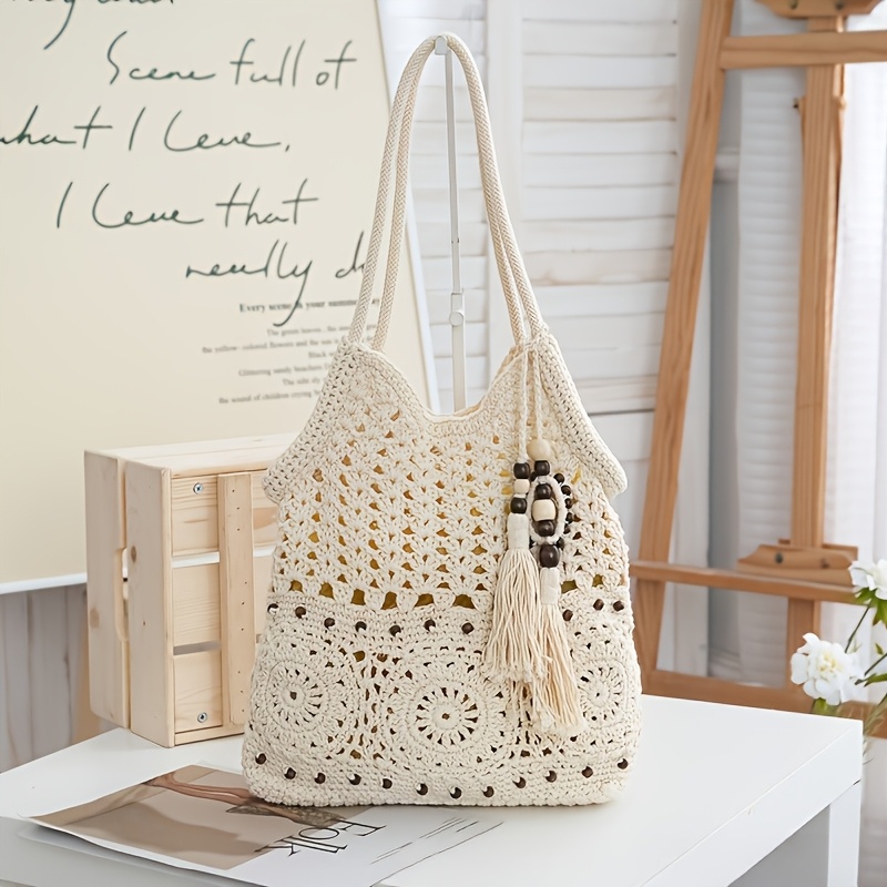 Women's Tote Bag, Vacation Bag In Khaki/beige, Crochet Boho Hobo Bag, Beach Bag For Women, Bohemian Woven Handbag, Beach Handbag, Bohemian Crossbody Bag With Tassels