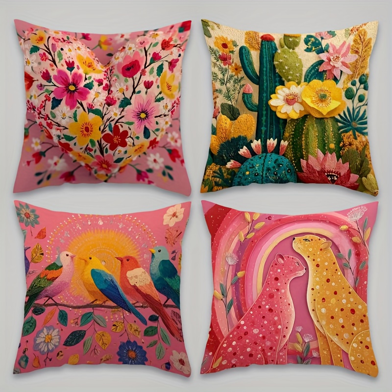 TEMU 4pcs Creative Animal And Plant Pattern Pillow Cover, Colorful Patterns Create A Atmosphere, Suitable For Courtyards, Gardens, And Lawn, Modern |