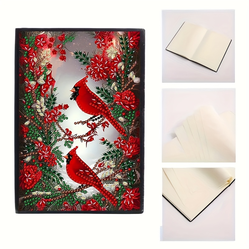 TEMU 1pc Diy Diamond Painting Notebook Kit - Red Birds & Festive Holiday Design, Leather Cover, Round & Irregular Diamonds, Writing, Drawing, And Notes - Ideal For Beginners, Diamond Painting