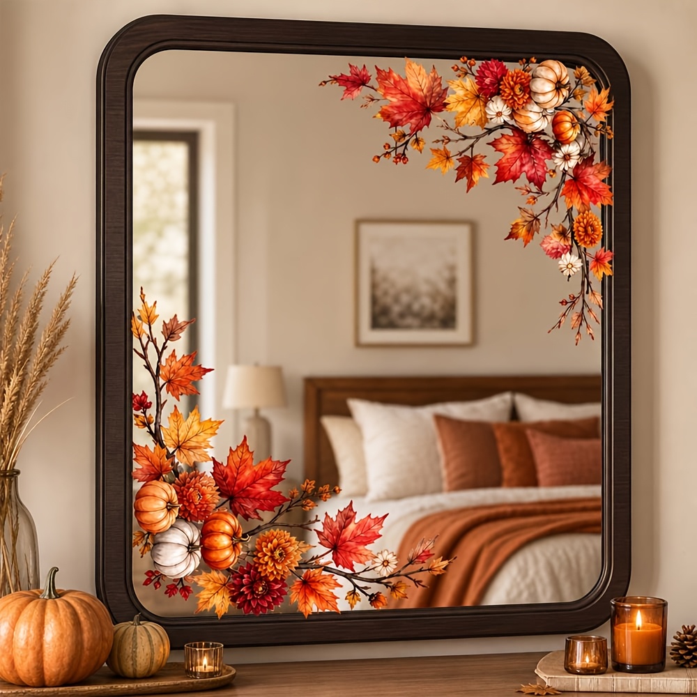 TEMU 1pc Autumn Maple Leaf Pumpkin Flower Diagonal Wreath Glass Decorative Sticker, Retro Harvest Falling Leaves Chrysanthemum Self-adhesive Window